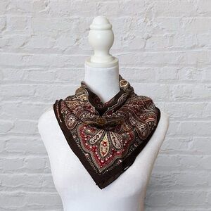 Vintage Paisley Brown Red Square Silk Scarf 26" x 26"